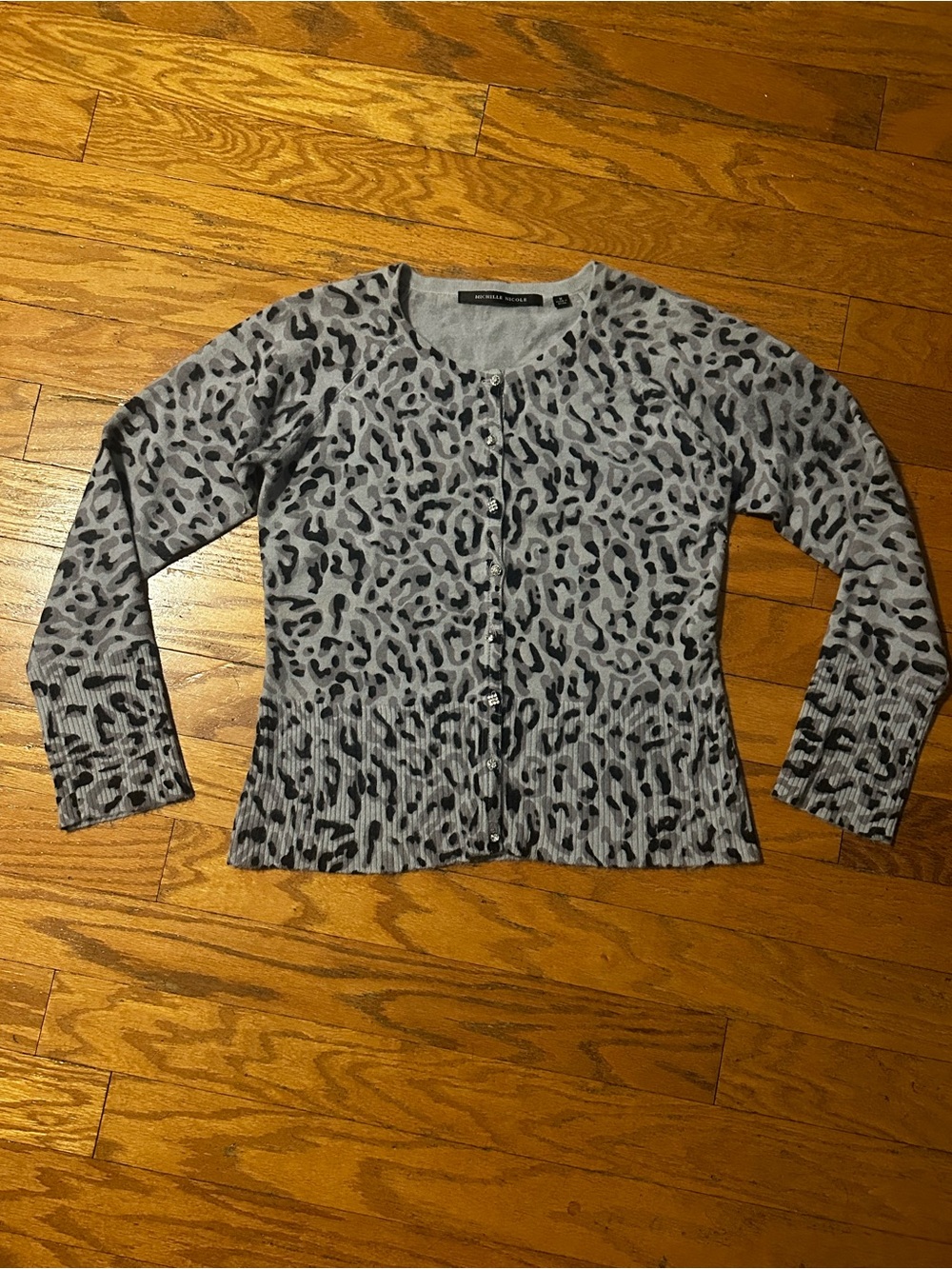 Michelle Nicole Gray Wool/Angora Cardigan with Animal Print Button-Front